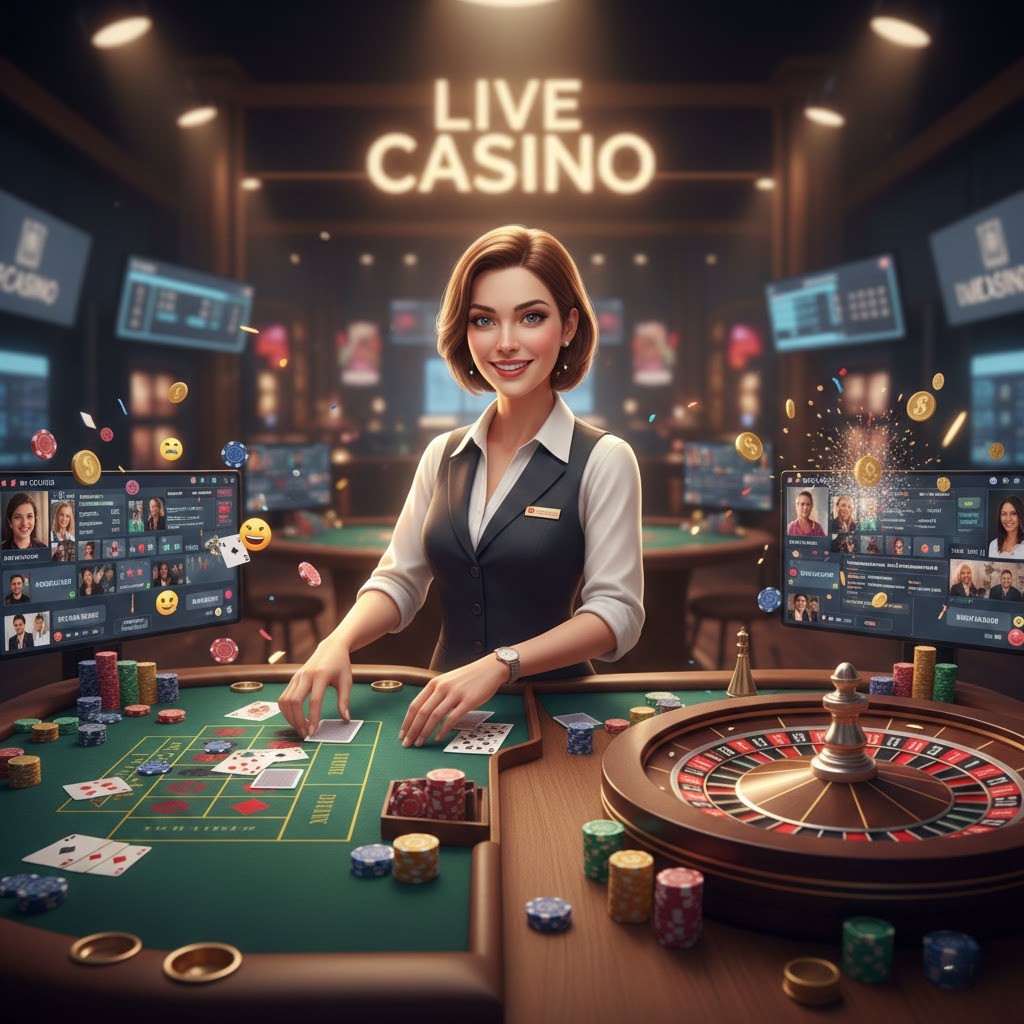 Dealer profesional di kasino live online, dengan meja blackjack, roda roulette berputar, dan pemain berinteraksi melalui streaming real-time di 12Hoki.